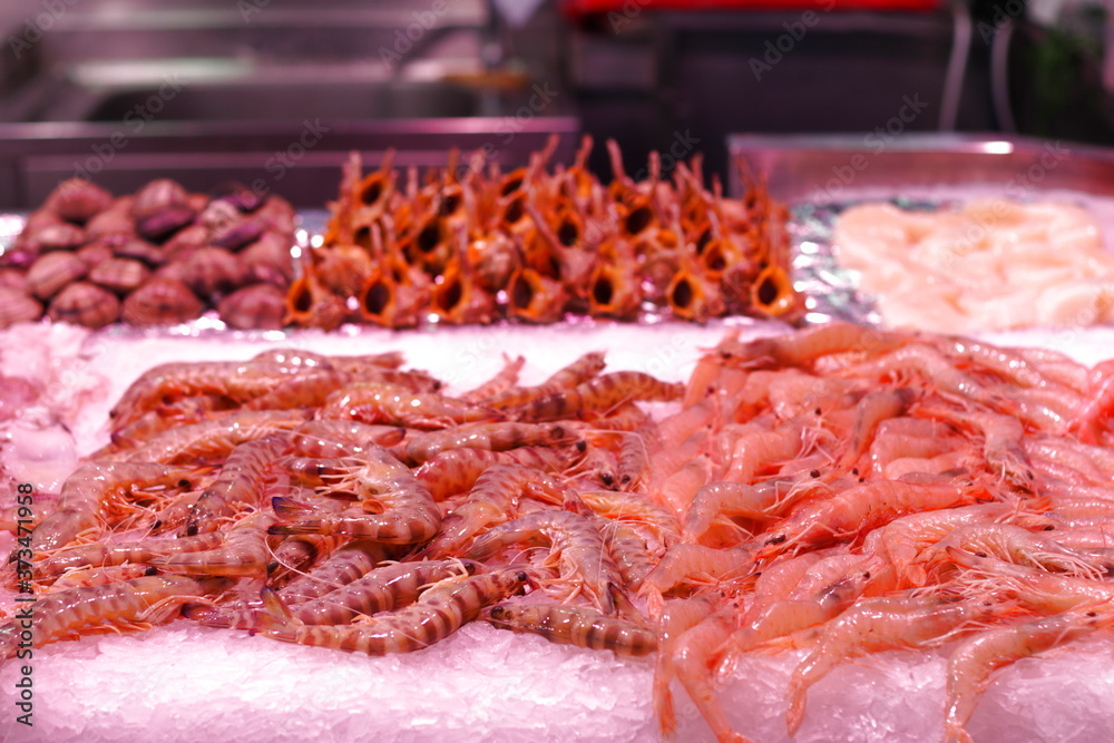 Shrimps and shellfish for sale at the market Shrimps and shellfish for sale at the market