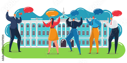 Protest russian people, vector illustration. Group character at demonstration cartoon strike, person speech bubble. Social activist, demonstrator for public rights. Protester crowd banner.