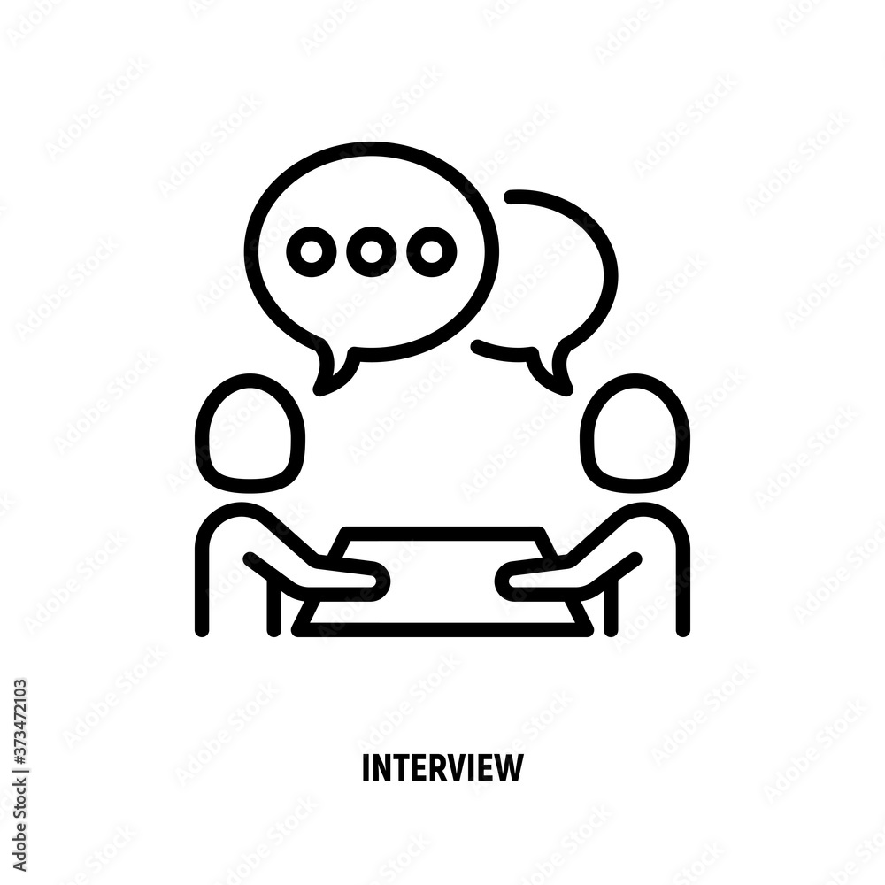 Interview thin line icon. Two people sitting at the desk and talking. Business meeting, recruitment. Vector illustration.