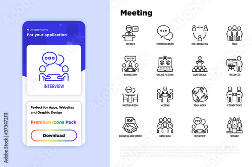 Meeting thin line icons set: speaker, communication, collaboration, teamwork, brainstorm, online meeting, conference, presenter, business agreement, gathering, interview. Vector illustration.