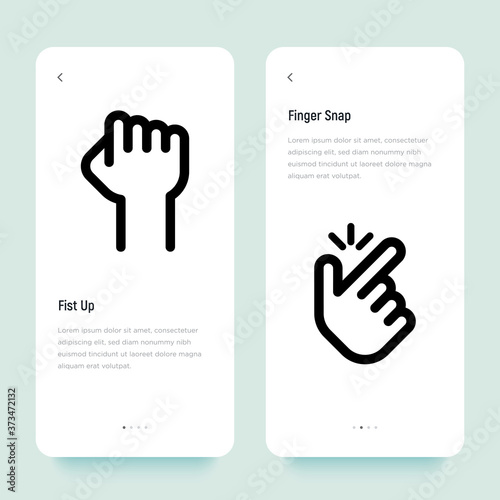 Symbol of revolution, power, activism, demonstration. Human raised fist. Hand gesture. Snap of the fingers. Symbol of success, ok, okay, good. Thin line icon. Vector illustration.