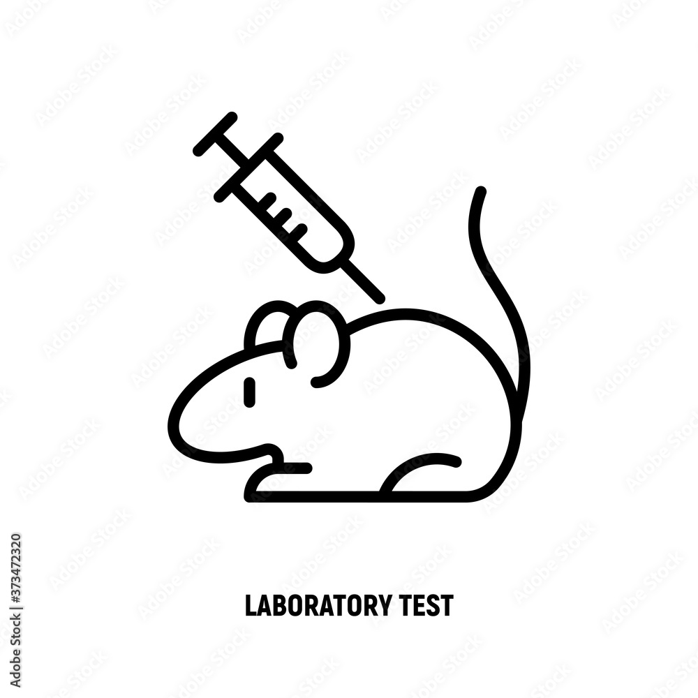 Laboratory test thin line icon. Animal testing syringe and rat