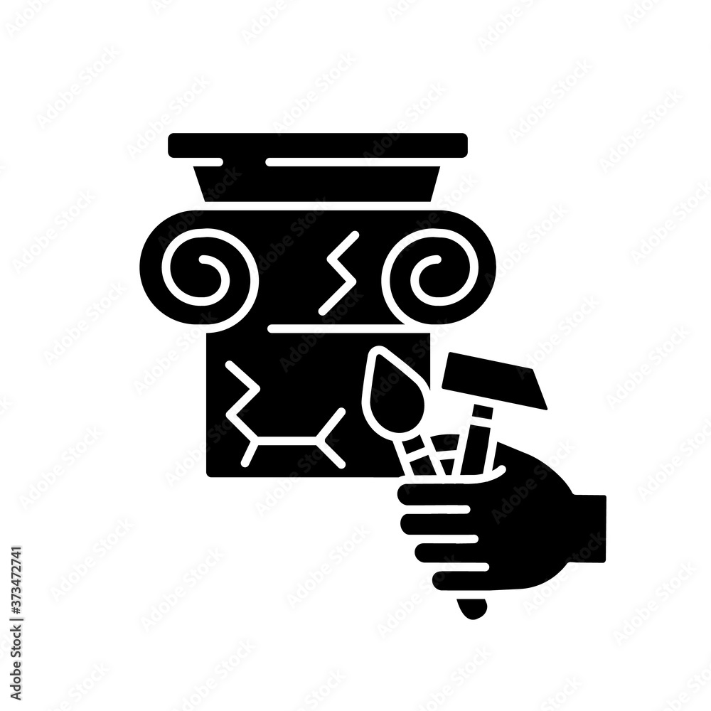 Restoration black glyph icon. Renovate cracked greek column. Professional decorator work. Building improvement. Craftsmanship service. Silhouette symbol on white space. Vector isolated illustration