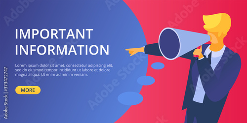 Announce important information megaphone vector illustration. Man hold in hand symbol voice alert and notice. Business marketing advertisement concept. Announcement message landing banner design.