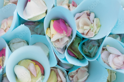 Cuadro en lienzo Blue paper bags with rose petals.