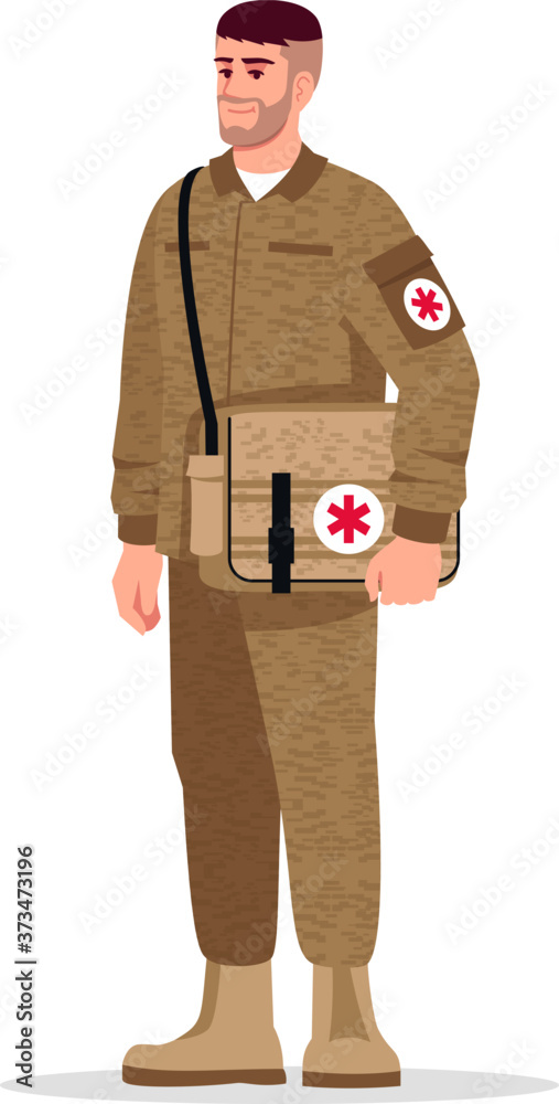 Vektorová grafika „Military doctor semi flat RGB color vector illustration.  Male army medic. Noncombatant doctor. Young caucasian man working as combat  medic isolated cartoon character on white background“ ze služby Stock