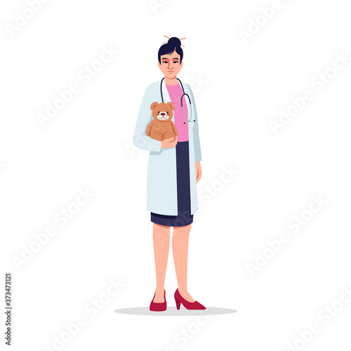 Pediatrician semi flat RGB color vector illustration. Children care doctor. Medical staff. Young chinese woman working as pediatrician isolated cartoon character on white background