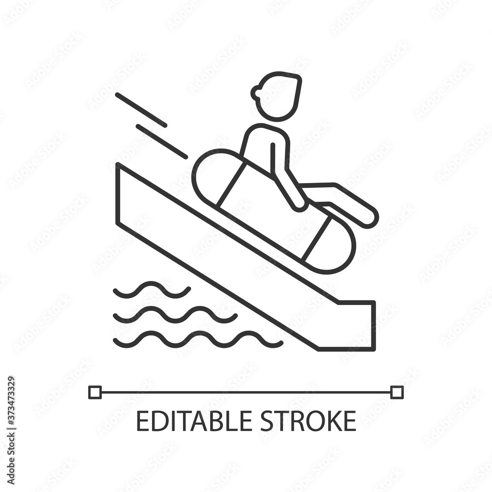Sliding on swim circle linear icon. Water park, aquapark attraction thin line customizable illustration. Contour symbol. Tourist on waterslide vector isolated outline drawing. Editable stroke
