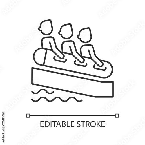 Family rafting linear icon. Group slide, water park attraction. Thin line customizable illustration. Contour symbol. People riding waterslide together vector isolated outline drawing. Editable stroke