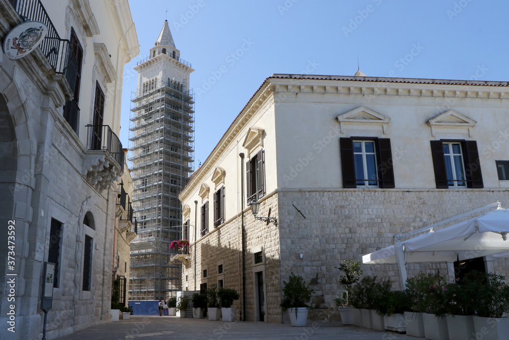 The bell tower under restoration of the Roman Catholic cathedral dedicated to San Nicola Pellegrino in Trani, Puglia, Italy