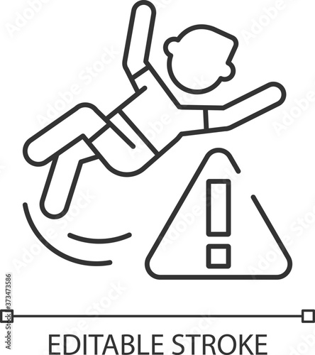 Be careful linear icon. Water park, public places safety rule thin line customizable illustration. Contour symbol. Person slipped, falling on floor vector isolated outline drawing. Editable stroke