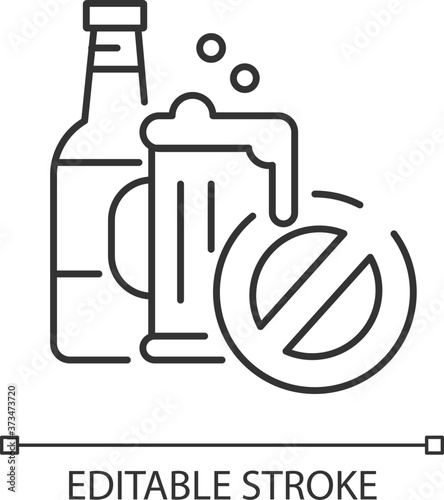 No alcohol linear icon. Water park rule. Drinking restriction thin line customizable illustration. Contour symbol. Beer pint and bottle with stop sign vector isolated outline drawing. Editable stroke