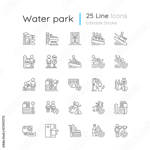Water park linear icons set. Aquatic play area customizable thin line contour symbols. Safety rules on water slides and in swimming pools. Isolated vector outline illustrations. Editable stroke