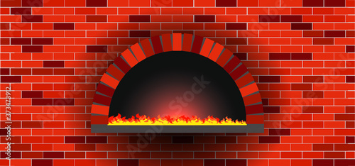 Bakkery wall, oven, bonfire, stove, bakery rolling pin. Wood oven in a 
stone brick wall banner. Firewood oven with shovel Vector food signs.  Pizzeria restaurant (Pizza) or bread shop. Kitchen.