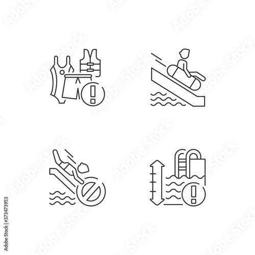 Water park rules and restrictions linear icons set. Waterslide riding rules, water depth and swimsuits customizable thin line contour symbols. Isolated vector outline illustrations. Editable stroke