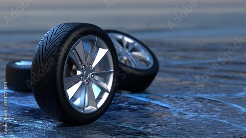 Winter tires on ice. car safety and driving concept.