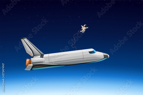 space shuttle with astronaut flying at orbit