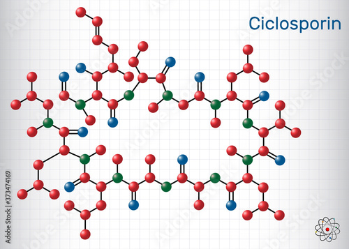 Ciclosporin, cyclosporine, cyclosporin molecule. It has immunomodulatory properties, prevent organ transplant rejection, treat inflammatory, autoimmune conditions. Sheet of paper in cage