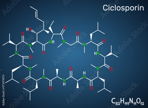 Ciclosporin, cyclosporine, cyclosporin molecule. It has immunomodulatory properties, prevent organ transplant rejection, treat inflammatory, autoimmune conditions. Dark blue background