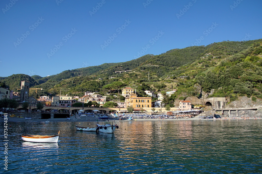 View on seaside and typical colorful houses in small village, Riviera di Levante