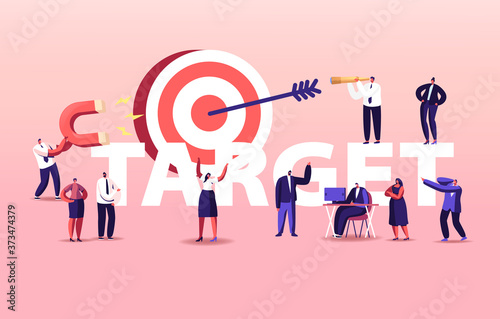 Business Goals Achievement Concept. Businesspeople Characters Team Working around Huge Target with Arrow. Aim Mission