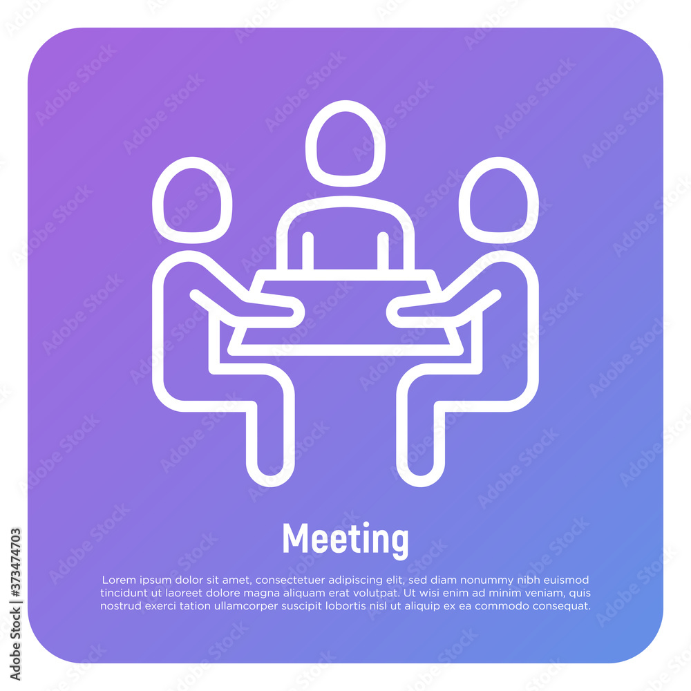 Collaboration, teamwork thin line icon: people at brainstorm. Meeting, people sitting at desk. Successful communication. Modern vector illustration. Collaboration, teamwork thin line icon: people at brainstorm. Meeting, people sitting at desk. Successful communication. Modern vector illustration.