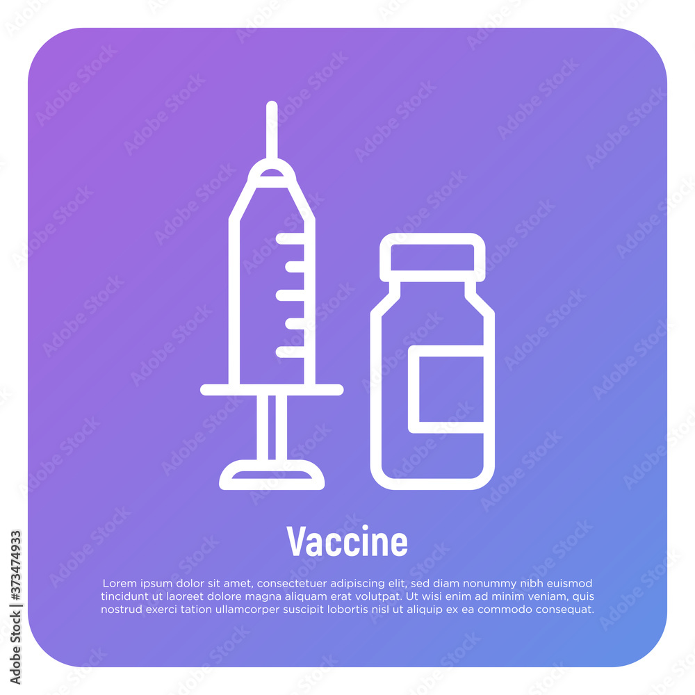 Vaccine thin line icon. Syringe and ampoule. Medical treatment. Vector illustration. Vaccine thin line icon. Syringe and ampoule. Medical treatment. Vector illustration.