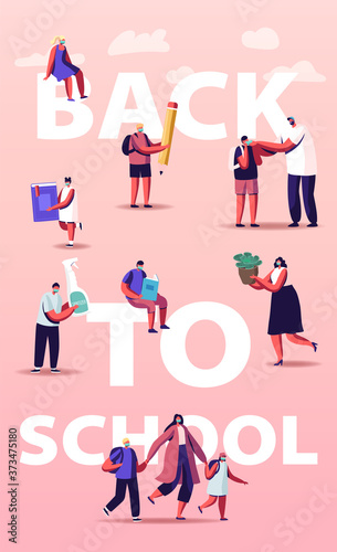 Back to School. Parents with Kids and Teacher Characters in Medical Masks with Supplies for Studying and Disinfection