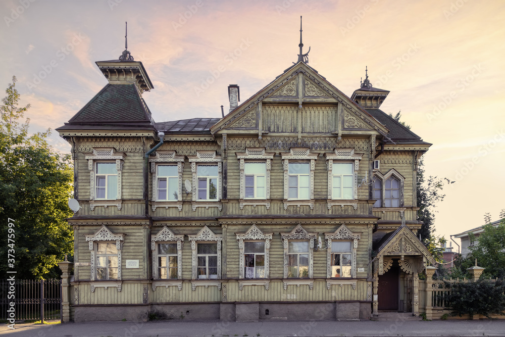 Historical wooden building of the 19th century (Stozharov house) on SIMANOVSKAYA street, Kostroma, Russia