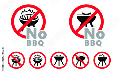 Stop, forbidden roaster bbq, grill to ead food allowed. No ban zone sign. No Barbecue with fire sign. Do not picnic party. Warning banner. forbid, No campfire flame.