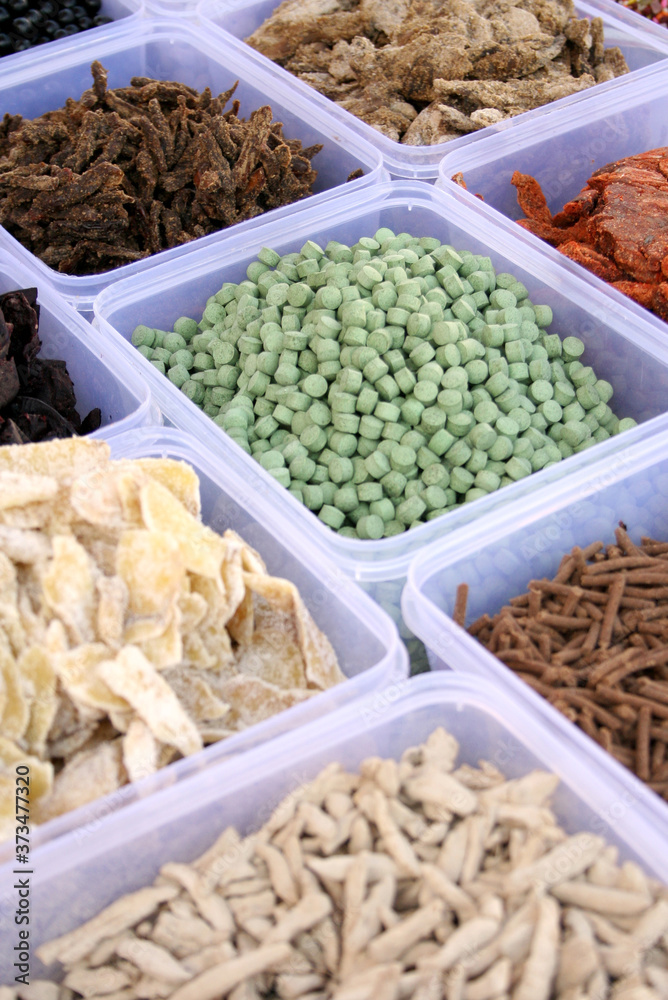 View of Indian food ingredients dried fruits and nuts in market 
