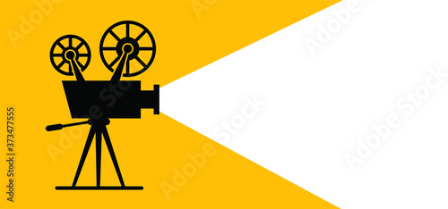 Old retro movie and film, background in flat style. Theater screen, premiere signs. Vector cinema camer film projector, flat concept icon. Template for poster, banner or wallpaper. Video filmstrip.