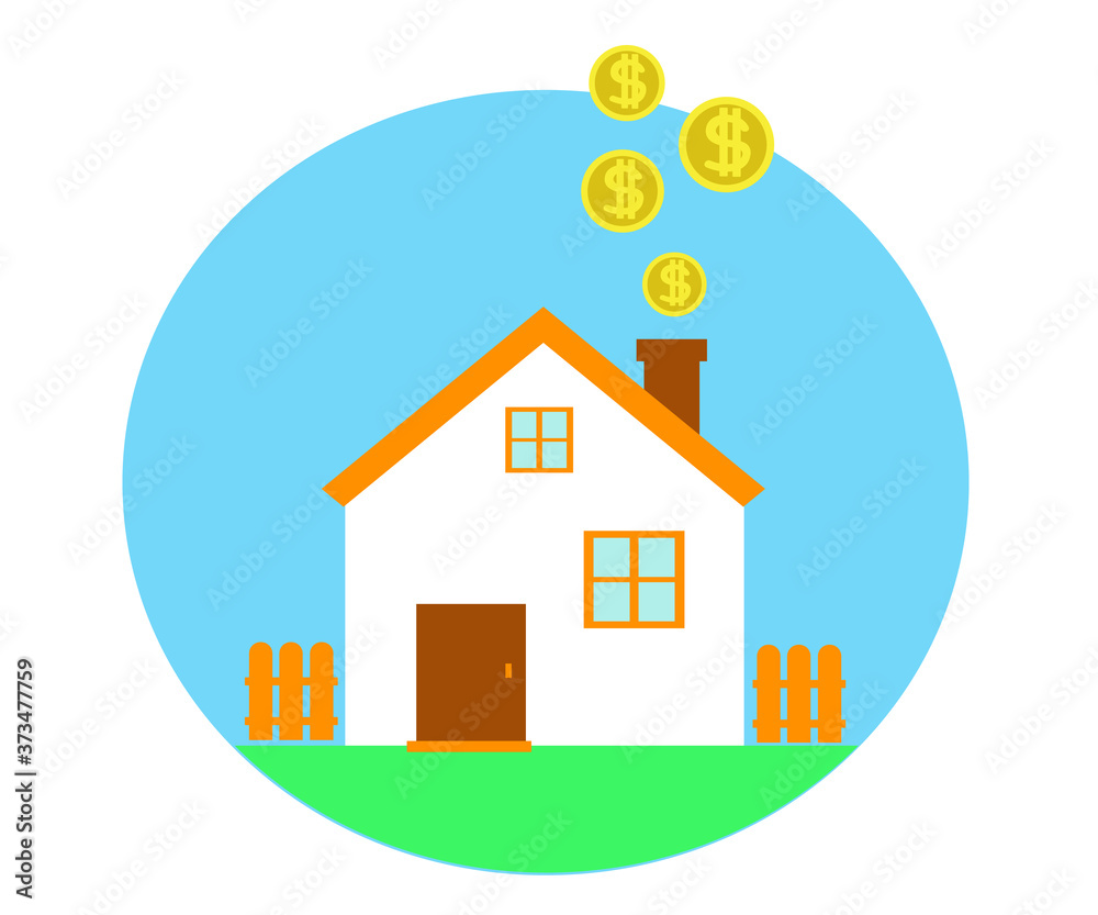 House and coins on the background. Cartoon. Vector illustration.