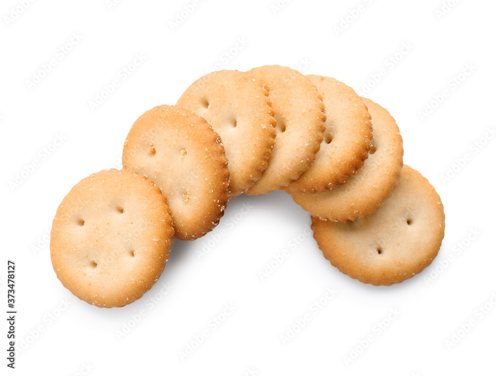 Delicious crispy crackers isolated on white, top view Delicious crispy crackers isolated on white, top view