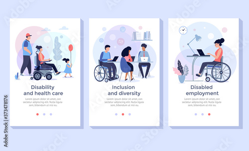 Social adaptation of disabled people, Handicapped people support, wheelchair person at work, disabled employment and rehabilitation concept illustration