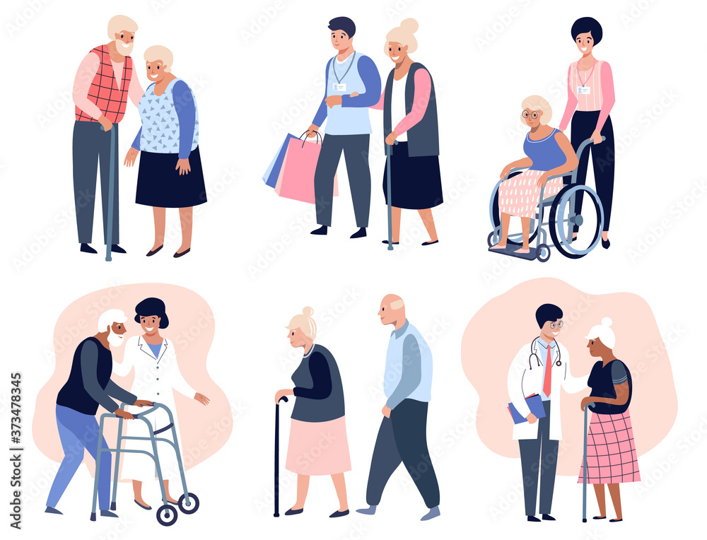 Obraz premium Elderly people walking, Social worker helping senior elder woman, .Grandfather and grandmother couple. Flat vector illustration