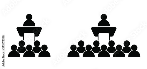 lecture at a desk Lectern icon Vector sign Speaker giving a talk to meeting on videoconferencing event Speech video conference Online webinar briefing To meet webcam screen video call Home distance