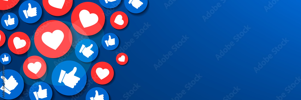 Social networks blue horizontal background with like icons - obrazy, fototapety, plakaty 