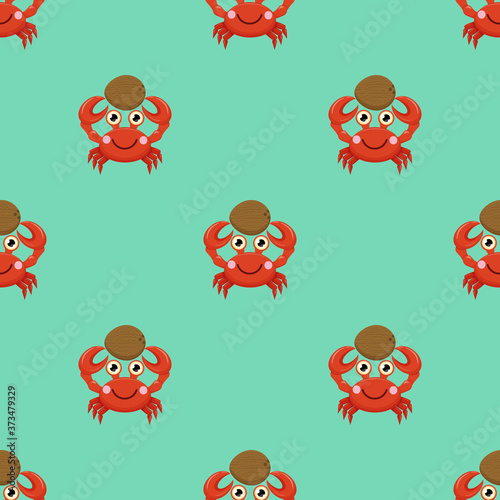 Cute kawaii cartoon crab smiles and holds a coconut overhead, seamless vector background for children.