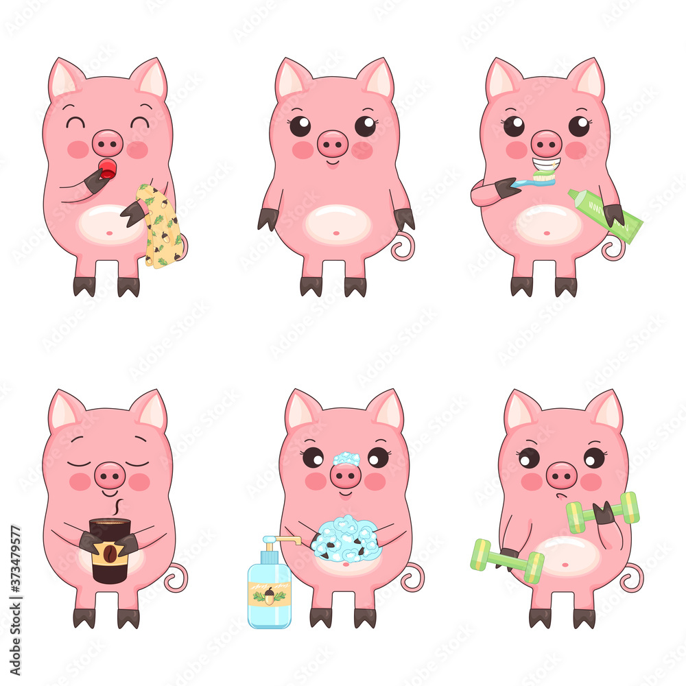 Good morning with cute little cartoon pigs, vector isolated collection of illustrations for children. Piglet yawns, holds a towel, sniffs a cup of coffee, cleans teeth, washes hands, does exercises. Good morning with cute little cartoon pigs, vector isolated collection of illustrations for children. Piglet yawns, holds a towel, sniffs a cup of coffee, cleans teeth, washes hands, does exercises.