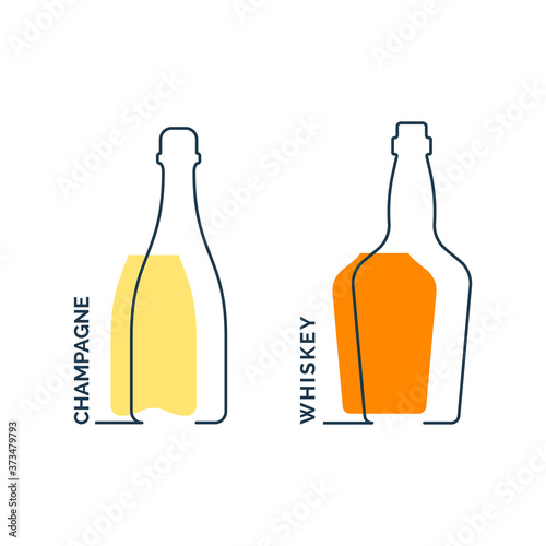 Bottle champagne and whiskey continuous line in linear style on white background. Black thin outline and color fill. Modern flat style graphic design. Logo element illustration. Contour drink symbol