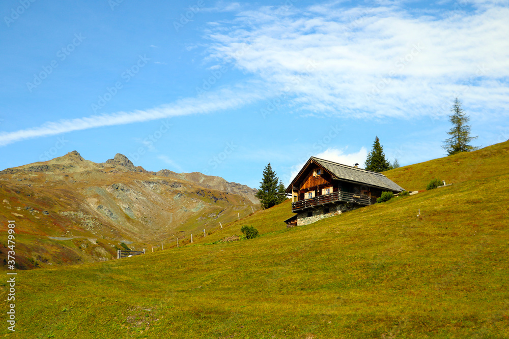 Beautiful small wooden house on a mountainside.