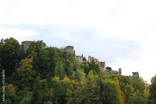 View of a stone fortress surrounded by forest.