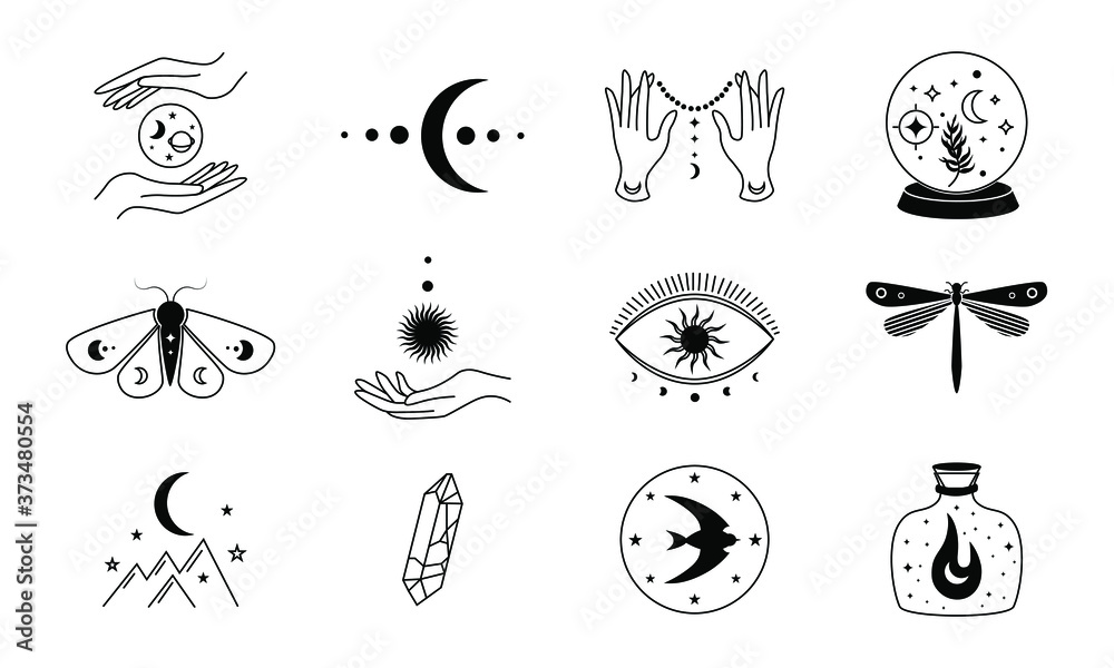 Boho mystic doodle set. Magic simple hand drawn logo icons with stars crystal eye sun moon. Vector abstract  illustration