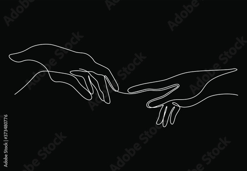 Continuous one line drawing of two hands barely touching each other. Black and white simple sketch of two hands for logo, posters, wall art, love concept. Vector illustration