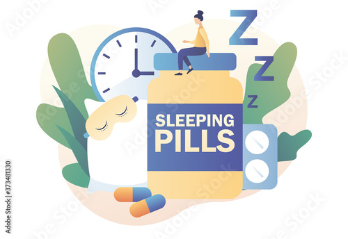 Sleep control. Tiny woman suffers from insomnia in bedroom surrounded by alarm clock, sleeping pills, pillow, mask. Stress, depression and sleeping problems. Modern flat cartoon style. Vector