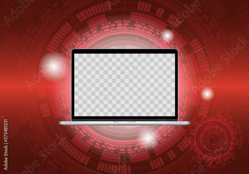 Realistic laptop illustration, on technology background. TRANSPARENT hole in the screen for an image.