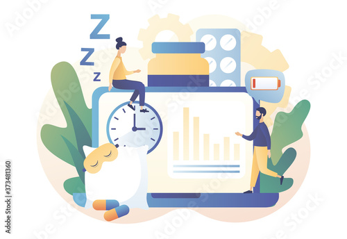 Sleep control in web site. Tiny people suffers from insomnia. Stress, depression and sleeping problems. Alarm clock, sleeping pills, mask. Modern flat cartoon style. Vector illustration