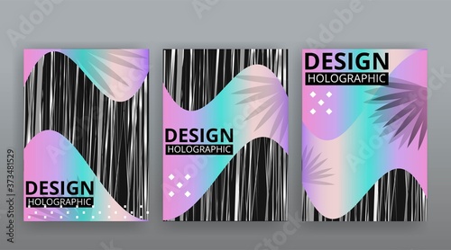 Holographic abstract page templates set, retro wave glitch creative hipster neon and pastel gradient colors.