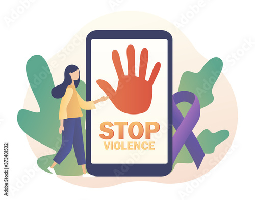 Stop violence text on screen smartphone. International day for the elimination of violence against women. Purple ribbon as symbol domestic violence. Modern flat cartoon style. Vector illustration